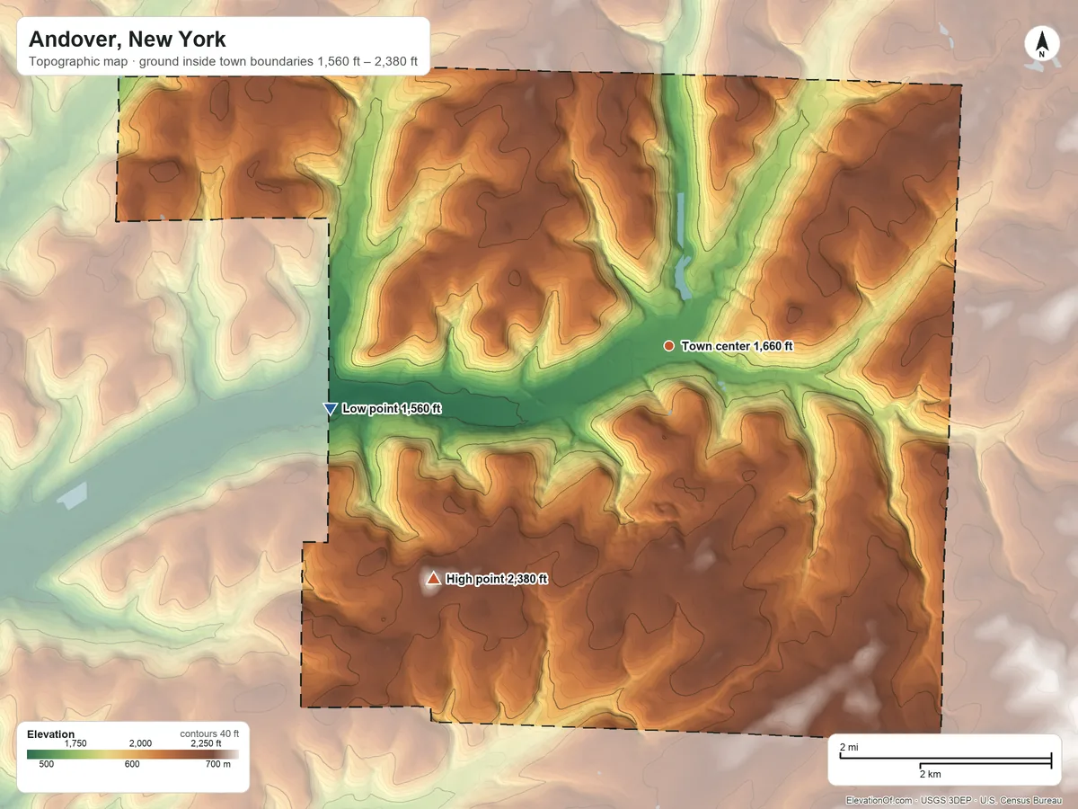 Topographic elevation map of Andover, New York, shaded from 1,560 ft on the west side to 2,380 ft on Roundtop