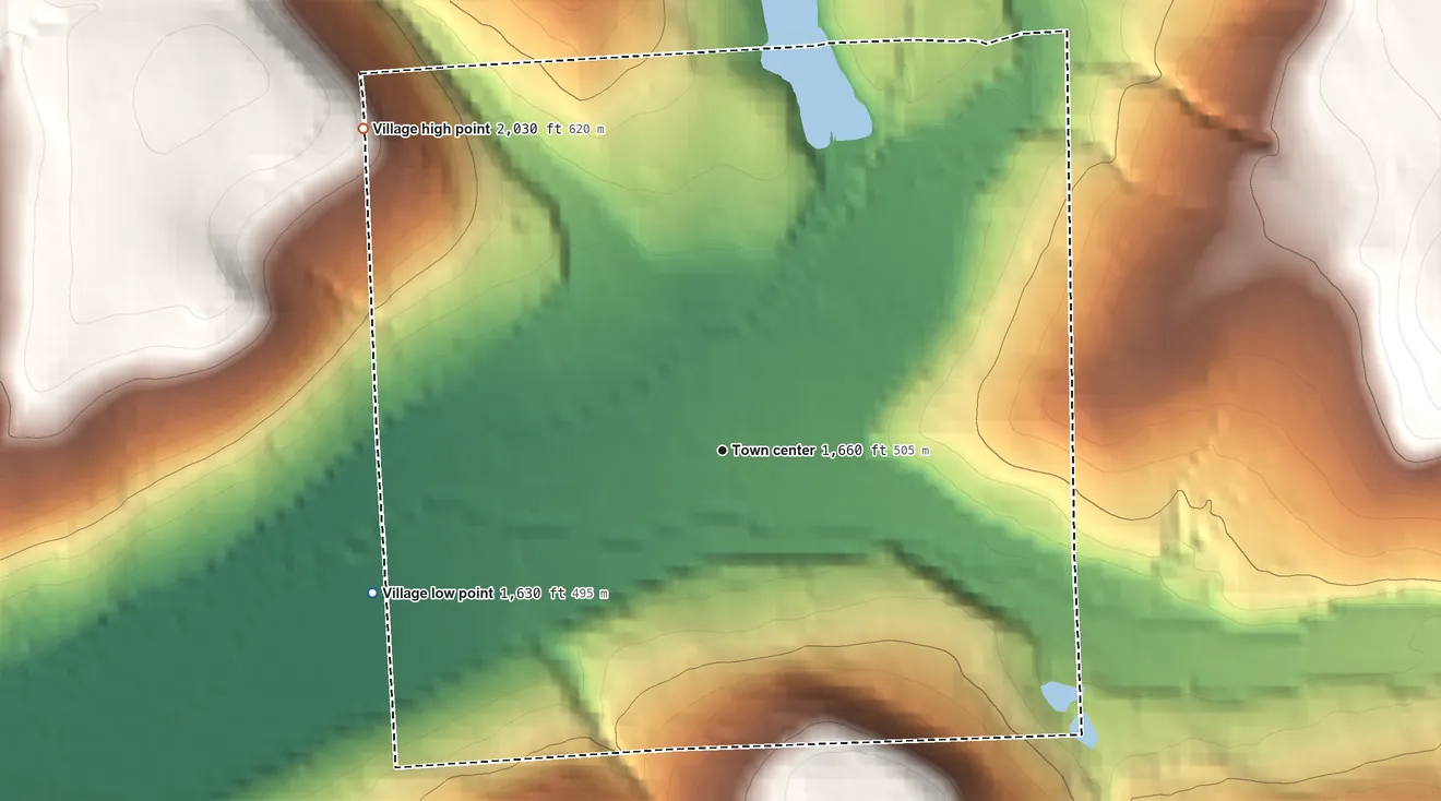 Topographic elevation map of Village of Andover, New York, shaded from 1,630 ft on the west side to 2,030 ft on the northwest side