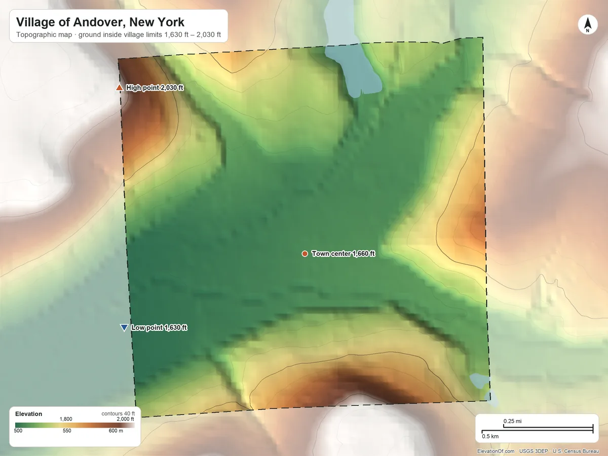 Topographic elevation map of Village of Andover, New York, shaded from 1,630 ft on the west side to 2,030 ft on the northwest side