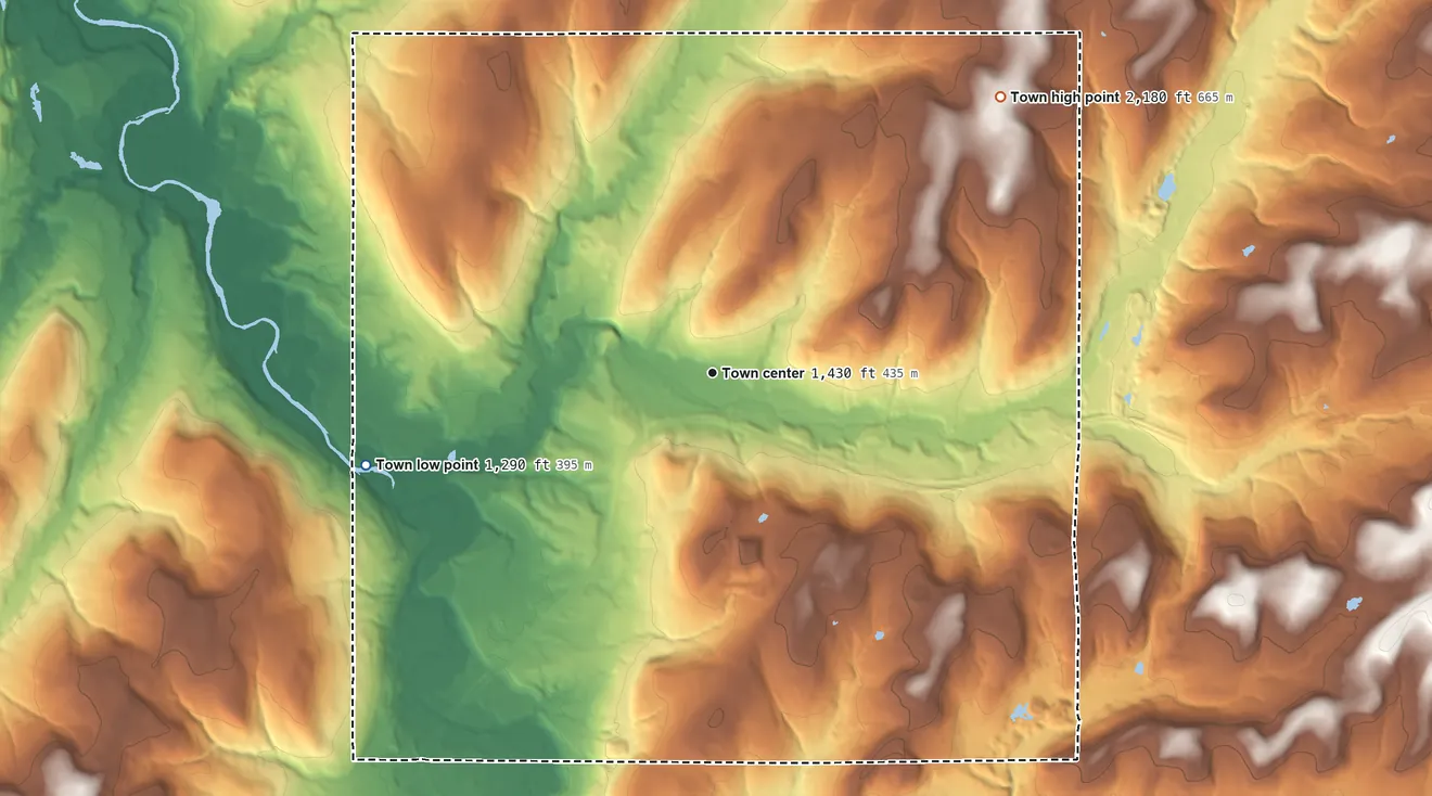 Topographic elevation map of Angelica, New York, shaded from 1,290 ft on the west side to 2,180 ft on the northeast side
