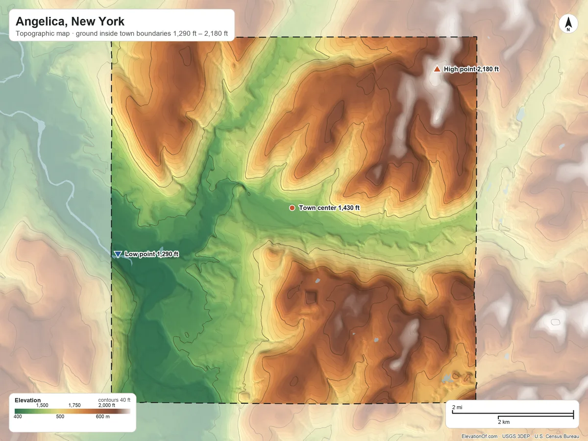 Topographic elevation map of Angelica, New York, shaded from 1,290 ft on the west side to 2,180 ft on the northeast side