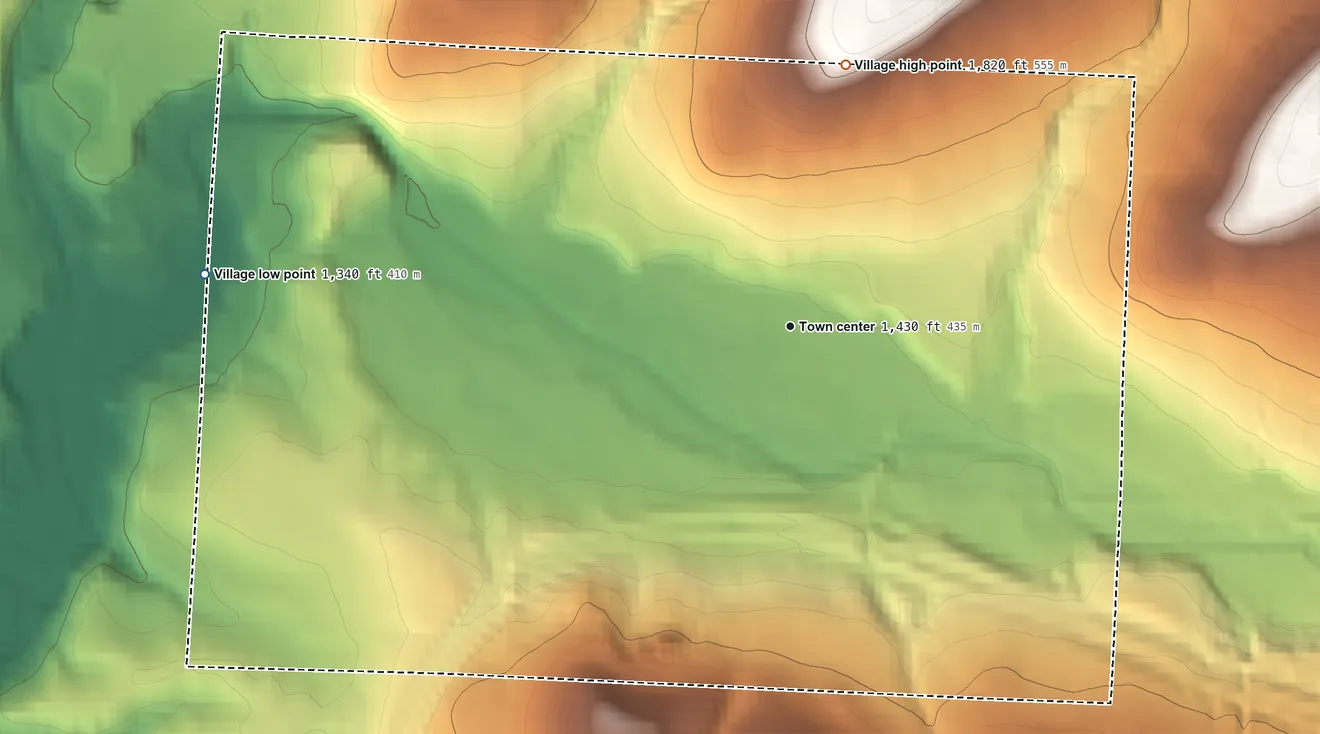 Topographic elevation map of Village of Angelica, New York, shaded from 1,340 ft on the west side to 1,820 ft on the north side