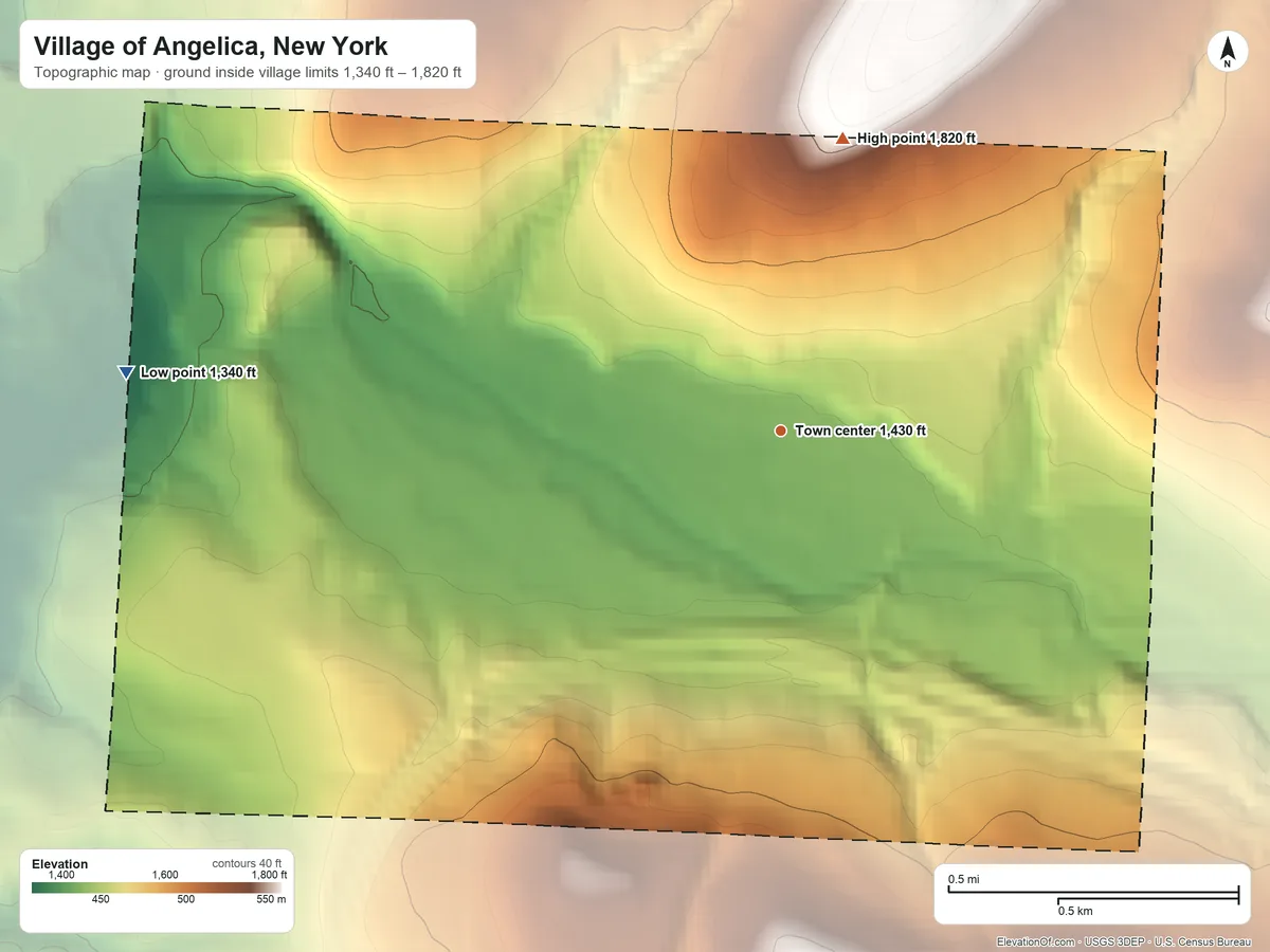 Topographic elevation map of Village of Angelica, New York, shaded from 1,340 ft on the west side to 1,820 ft on the north side