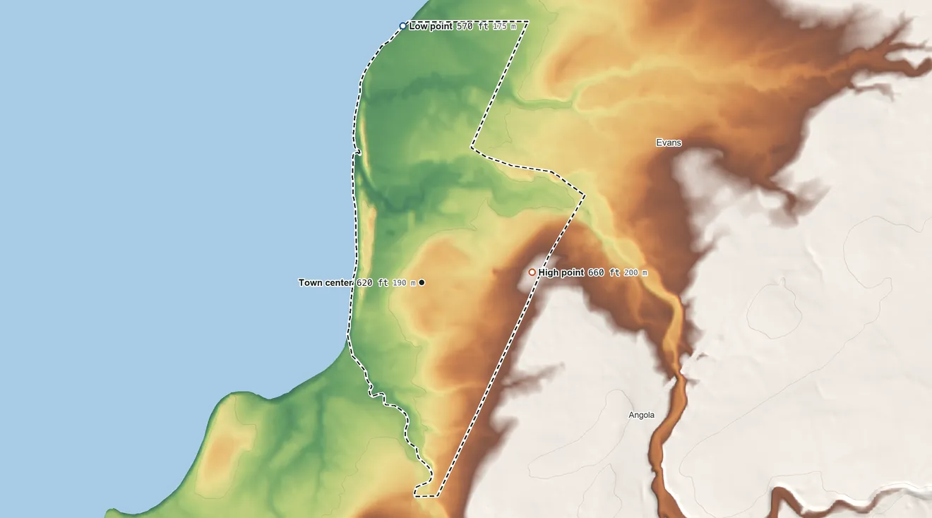 Topographic elevation map of Angola on the Lake, New York, shaded from 570 ft on the north side to 660 ft on the east side