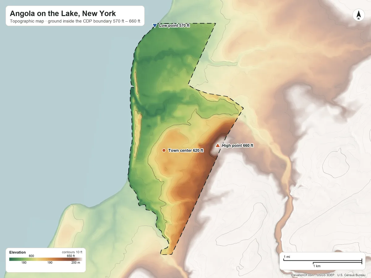 Topographic elevation map of Angola on the Lake, New York, shaded from 570 ft on the north side to 660 ft on the east side