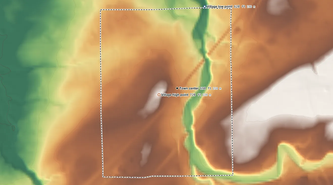 Topographic elevation map of Angola, New York, shaded from 620 ft on the north side to 720 ft near the middle