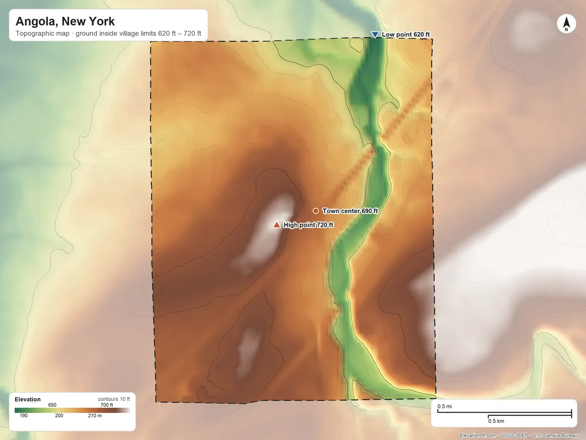 Topographic elevation map of Angola, New York, shaded from 620 ft on the north side to 720 ft near the middle