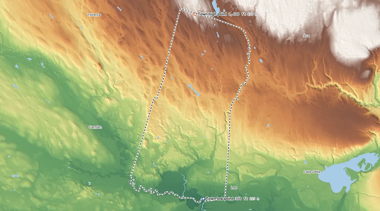 Topographic elevation map of Annsville, New York, shaded from 380 ft on the south side to 1,480 ft on the north side