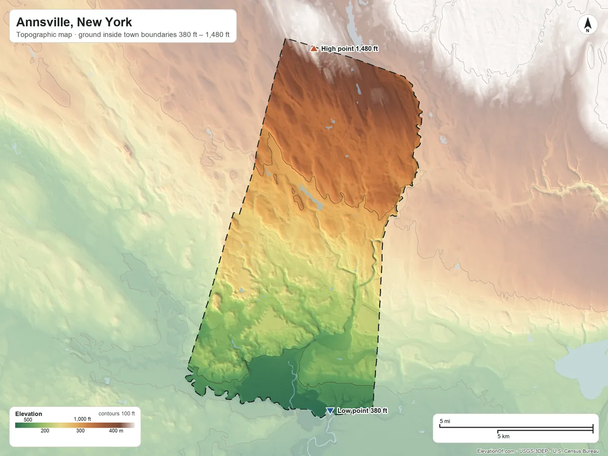 Topographic elevation map of Annsville, New York, shaded from 380 ft on the south side to 1,480 ft on the north side