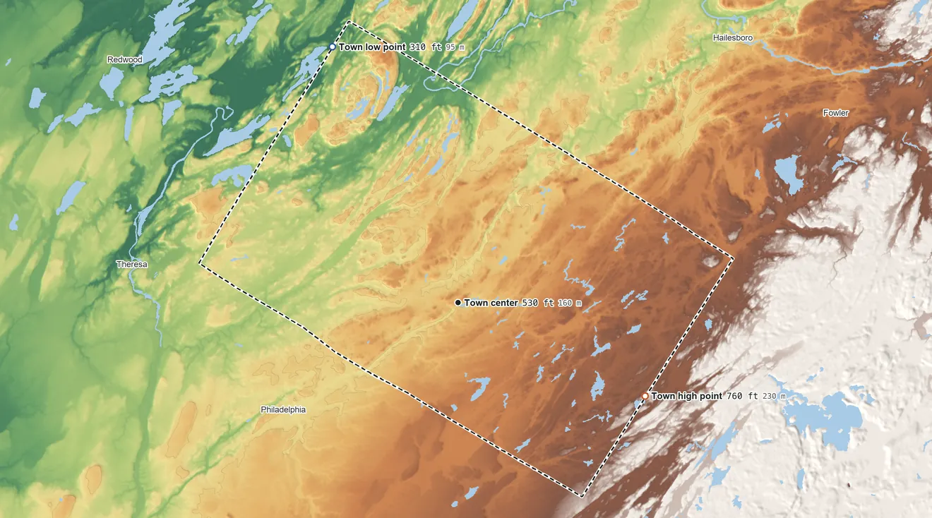 Topographic elevation map of Antwerp, New York, shaded from 310 ft on the northwest side to 760 ft on the southeast side