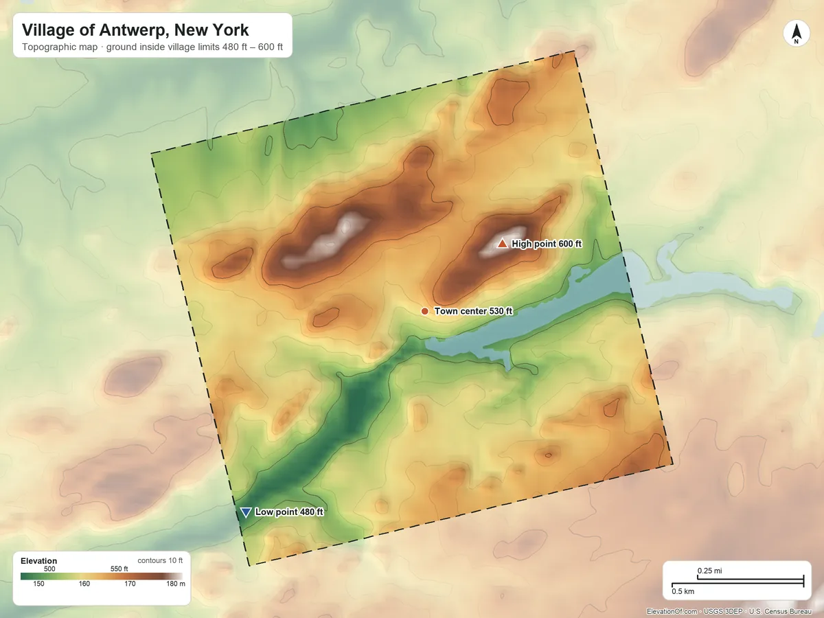 Topographic elevation map of Village of Antwerp, New York, shaded from 480 ft on the southwest side to 600 ft on the northeast side