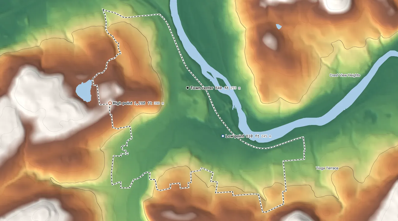 Topographic elevation map of Apalachin, New York, shaded from 810 ft on the southeast side to 1,280 ft on the west side