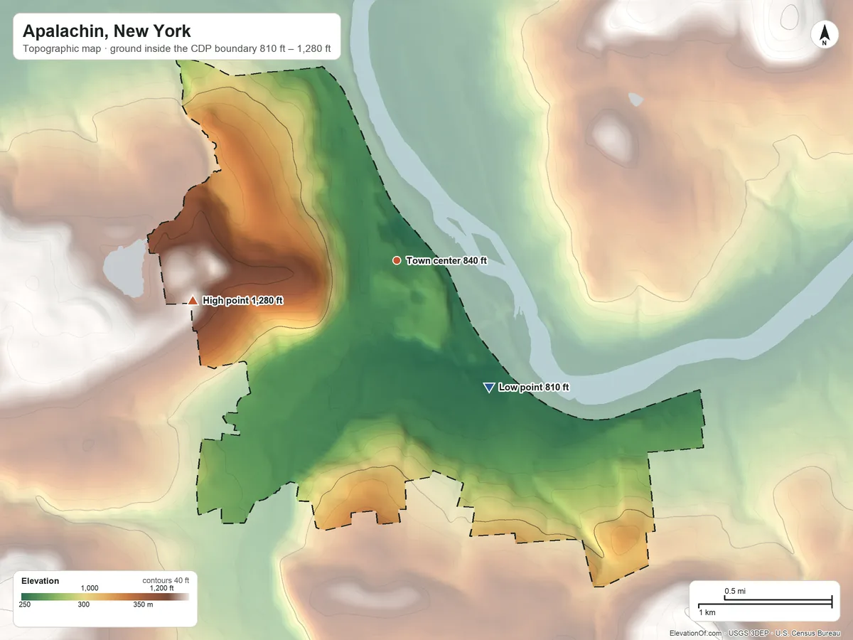 Topographic elevation map of Apalachin, New York, shaded from 810 ft on the southeast side to 1,280 ft on the west side