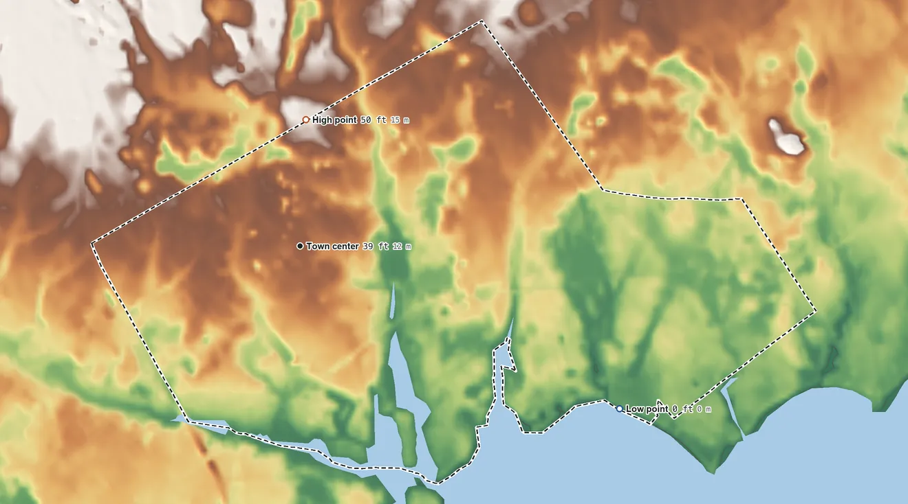 Topographic elevation map of Aquebogue, New York, shaded from sea level level on the Simmons Point to 50 ft on the north side