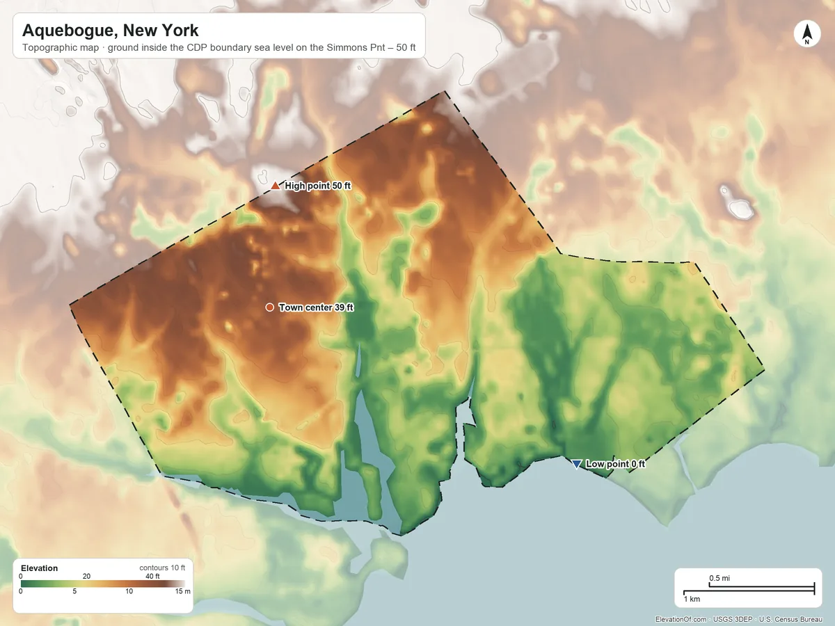 Topographic elevation map of Aquebogue, New York, shaded from sea level level on the Simmons Point to 50 ft on the north side