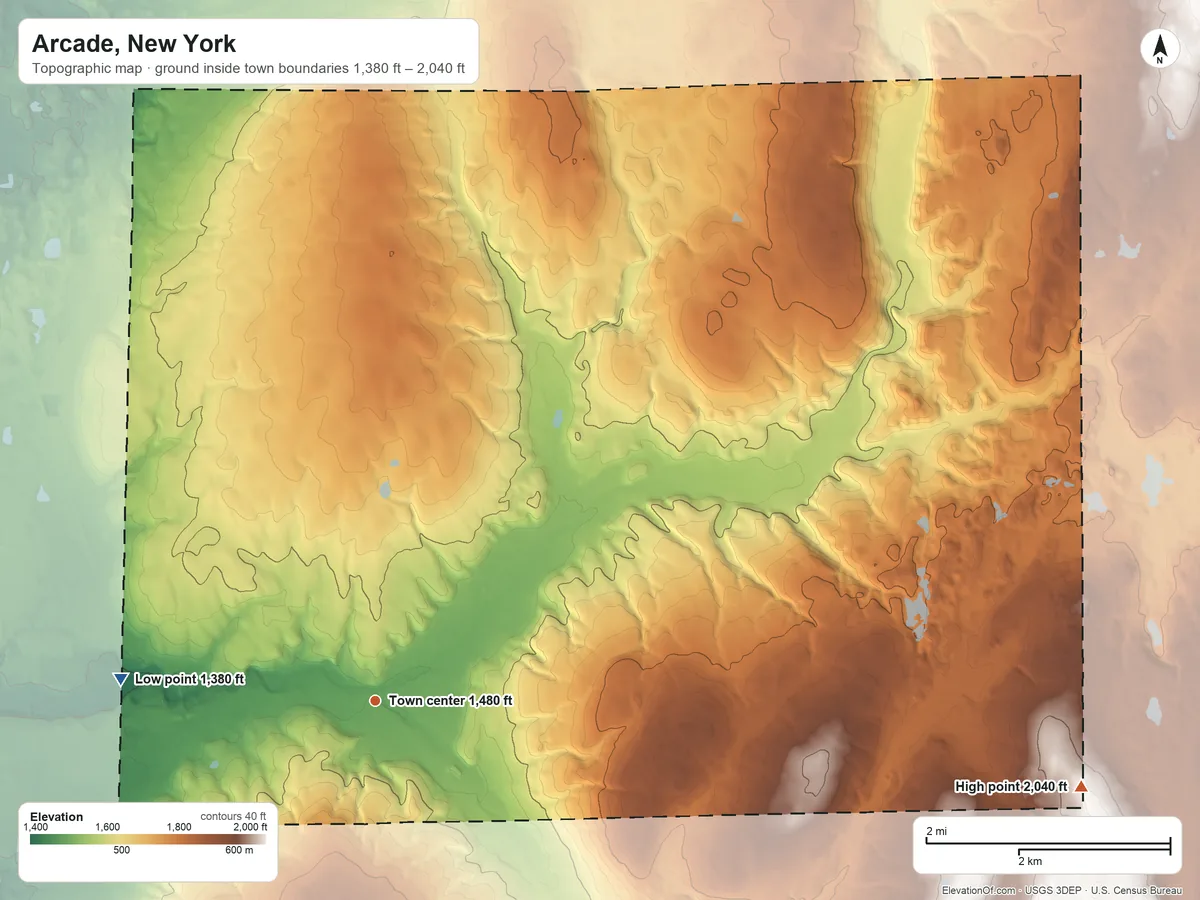 Topographic elevation map of Arcade, New York, shaded from 1,380 ft on the west side to 2,040 ft on the east side