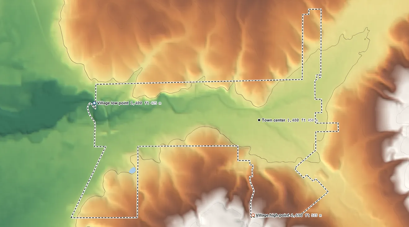 Topographic elevation map of Village of Arcade, New York, shaded from 1,400 ft on the west side to 1,690 ft on the south side