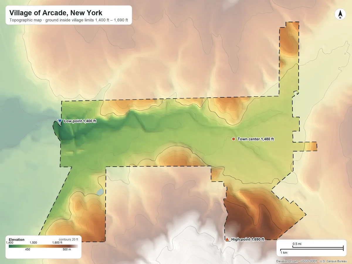 Topographic elevation map of Village of Arcade, New York, shaded from 1,400 ft on the west side to 1,690 ft on the south side