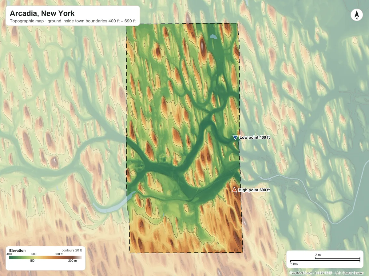 Topographic elevation map of Arcadia, New York, shaded from 400 ft on the northeast side to 690 ft on the east side
