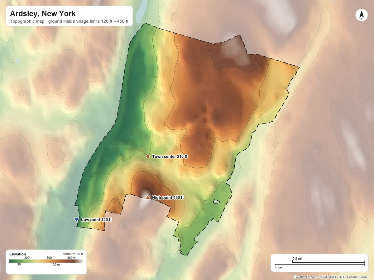 Topographic elevation map of Ardsley, New York, shaded from 120 ft on the southwest side to 450 ft on the south side