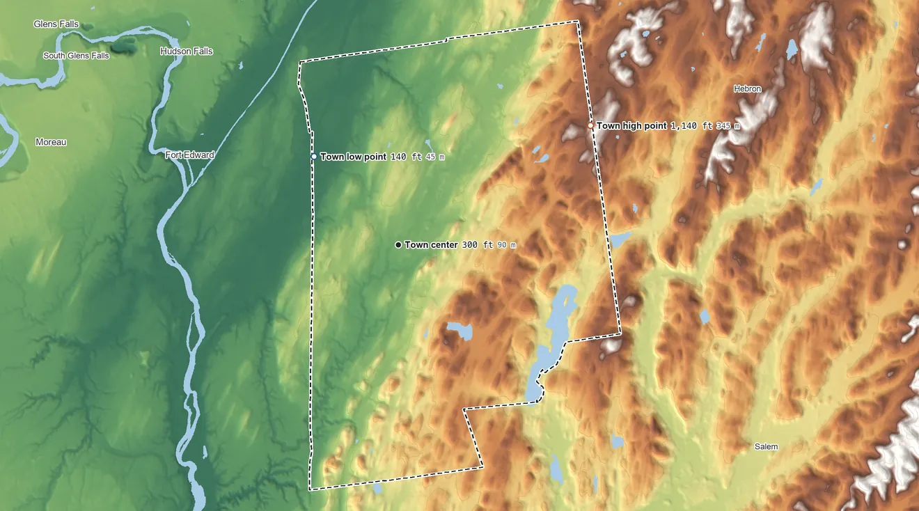 Topographic elevation map of Argyle, New York, shaded from 140 ft on the northwest side to 1,140 ft on the northeast side