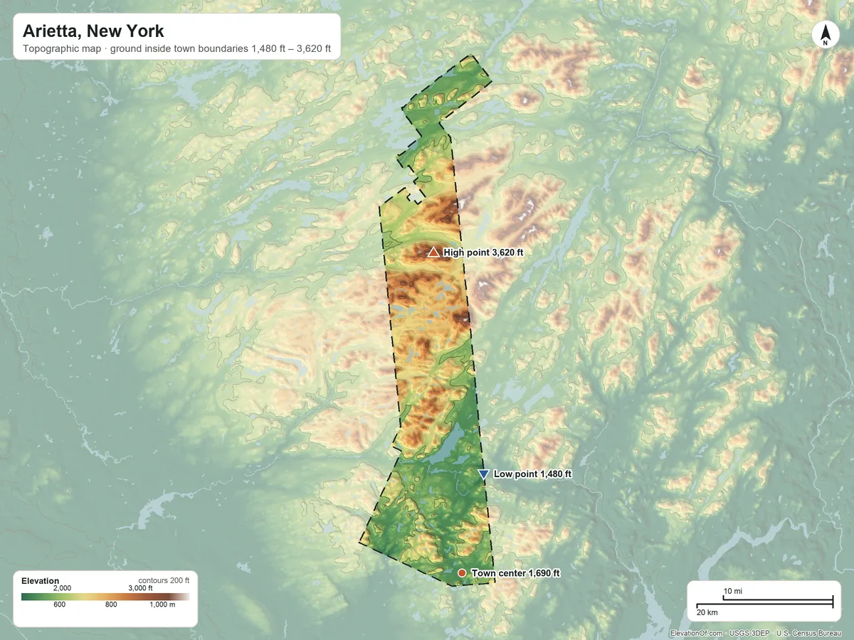 Topographic elevation map of Arietta, New York, shaded from 1,480 ft on the north side to 3,620 ft on Little Moose Mountain