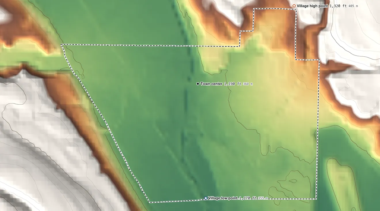 Topographic elevation map of Arkport, New York, shaded from 1,170 ft on the south side to 1,320 ft on the northeast edge, below higher ground just outside