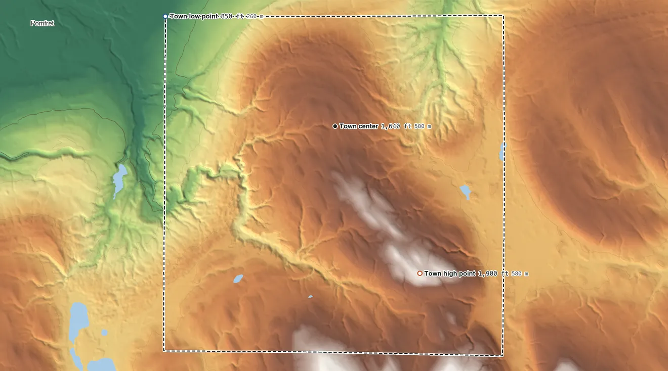 Topographic elevation map of Arkwright, New York, shaded from 850 ft on the northwest side to 1,900 ft on Dibble Hill