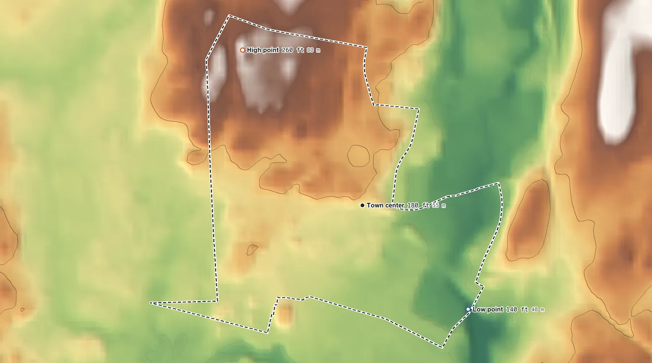 Topographic elevation map of Arlington, New York, shaded from 140 ft on the southeast side to 260 ft on the northwest side
