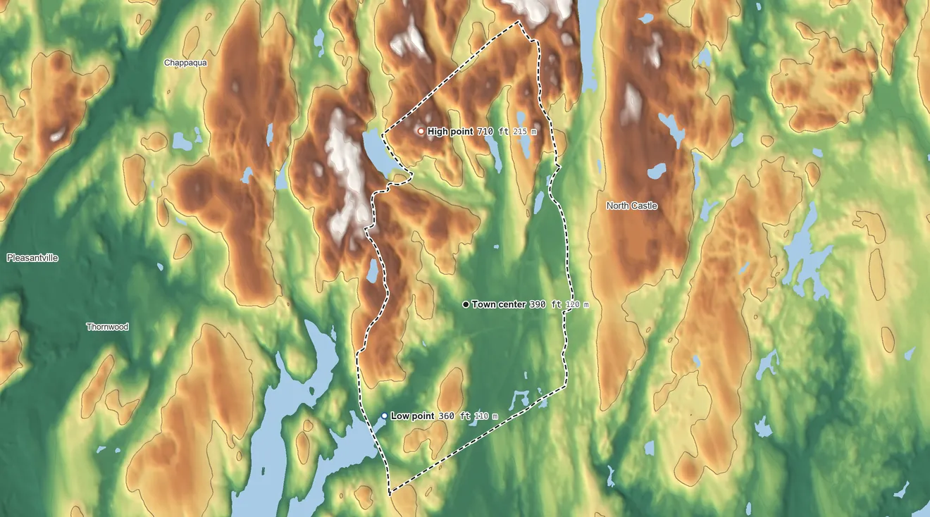Topographic elevation map of Armonk, New York, shaded from 360 ft on the southwest side to 710 ft on the north side