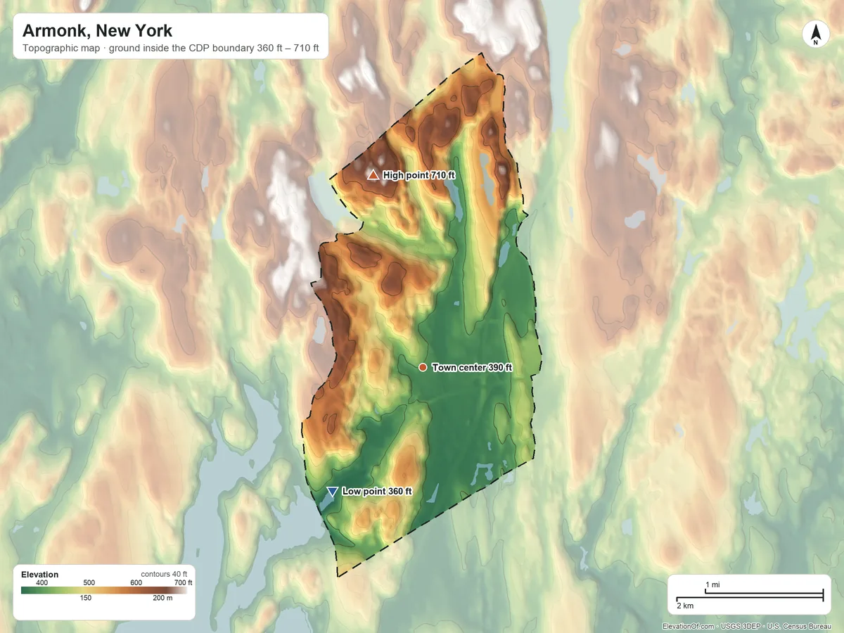 Topographic elevation map of Armonk, New York, shaded from 360 ft on the southwest side to 710 ft on the north side