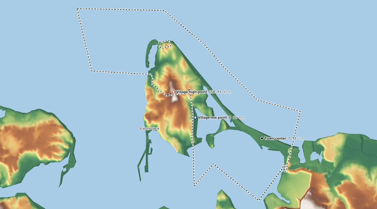 Topographic elevation map of Asharoken, New York, shaded from sea level level on Northport Bay to 150 ft on the northwest side