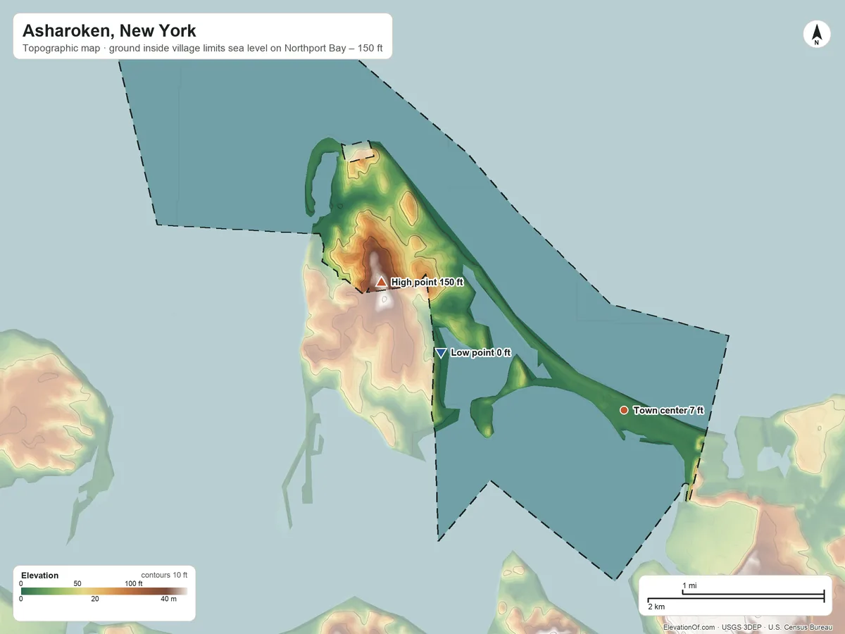 Topographic elevation map of Asharoken, New York, shaded from sea level level on Northport Bay to 150 ft on the northwest side