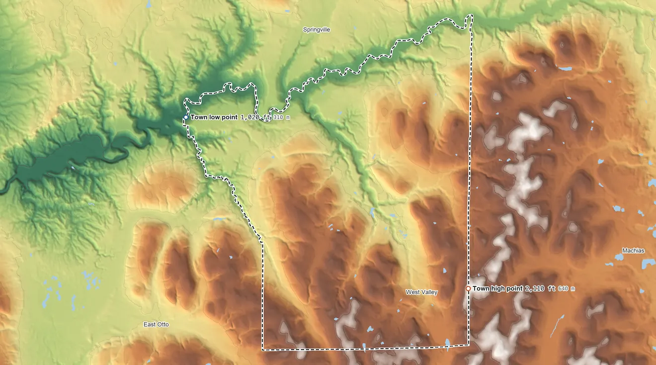 Topographic elevation map of Ashford, New York, shaded from 1,020 ft on the northwest side to 2,110 ft on the southeast side
