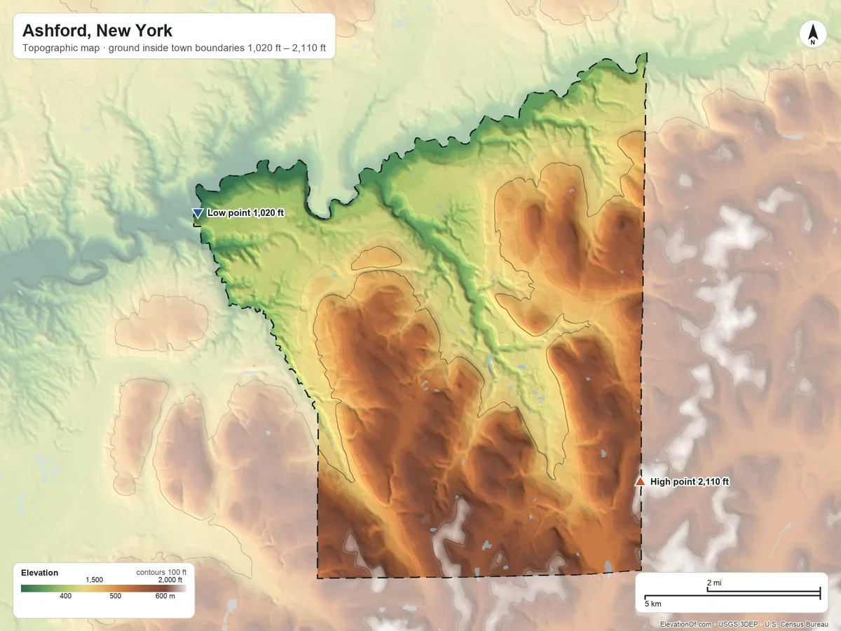 Topographic elevation map of Ashford, New York, shaded from 1,020 ft on the northwest side to 2,110 ft on the southeast side