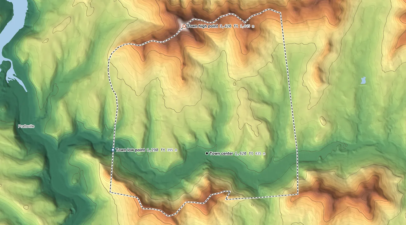 Topographic elevation map of Ashland, Greene County, New York, shaded from 1,290 ft on the west side to 3,421 ft on Huntersfield Mountain