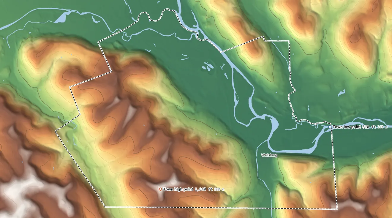 Topographic elevation map of Ashland, New York, shaded from 810 ft on the east side to 1,840 ft on the southwest side