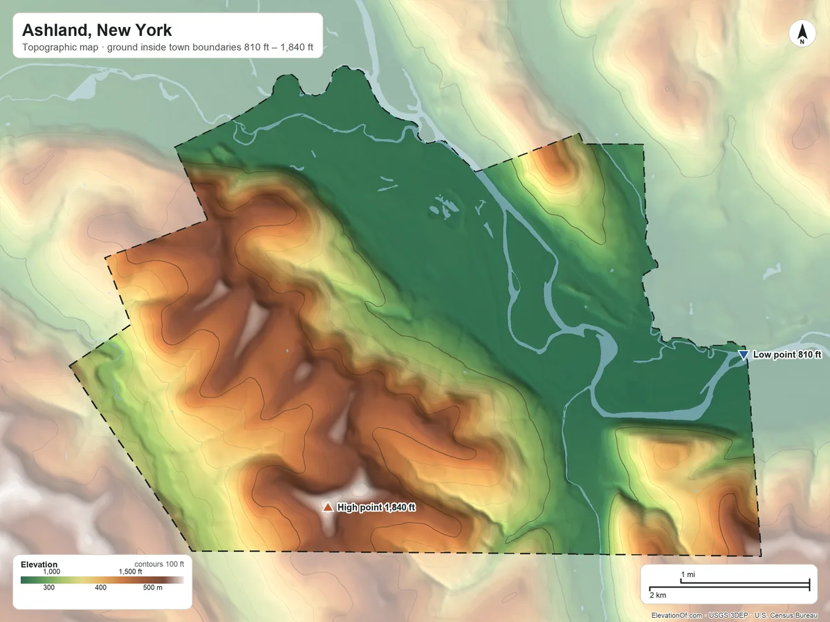 Topographic elevation map of Ashland, New York, shaded from 810 ft on the east side to 1,840 ft on the southwest side