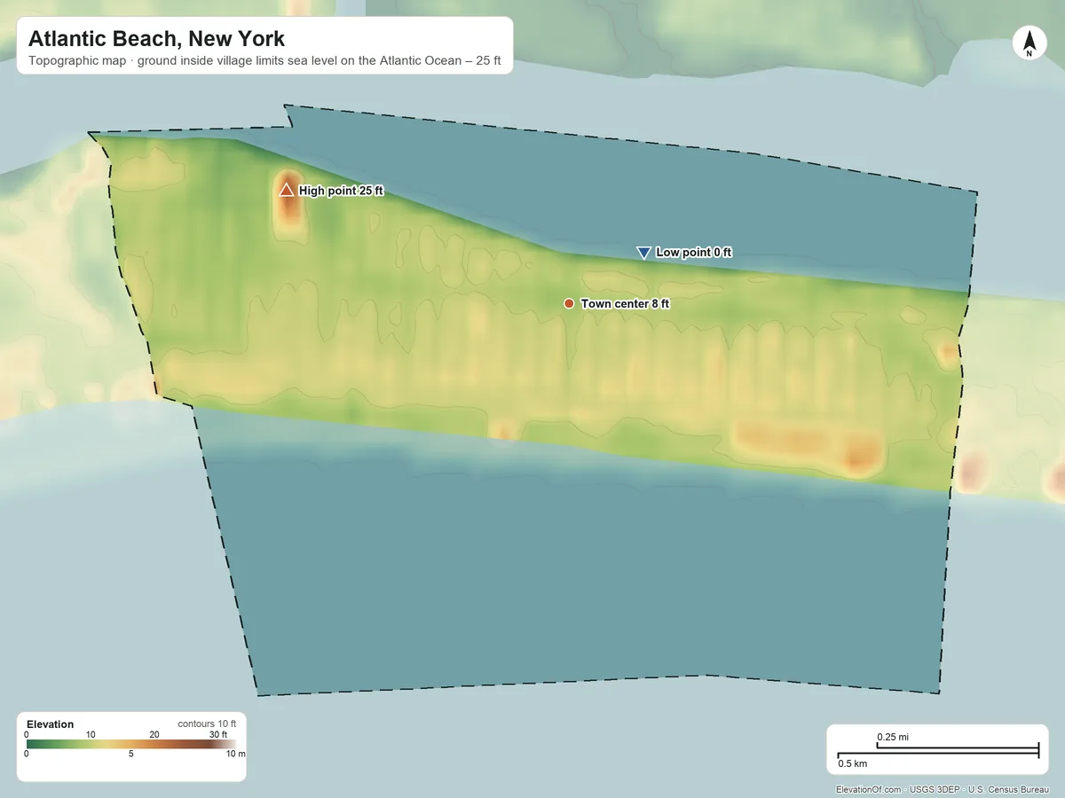 Topographic elevation map of Atlantic Beach, New York, shaded from sea level level on the Atlantic Ocean to 25 ft on the west side