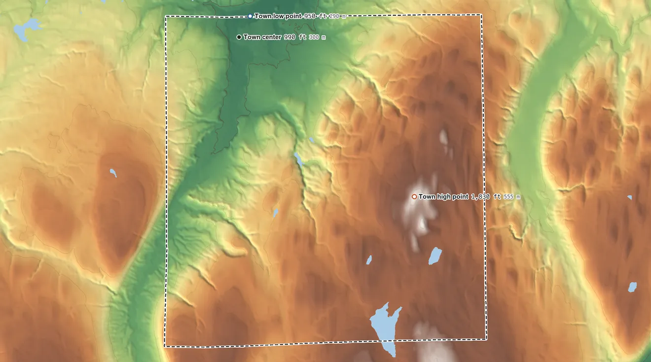 Topographic elevation map of Attica, New York, shaded from 950 ft near the middle to 1,830 ft on the southeast side