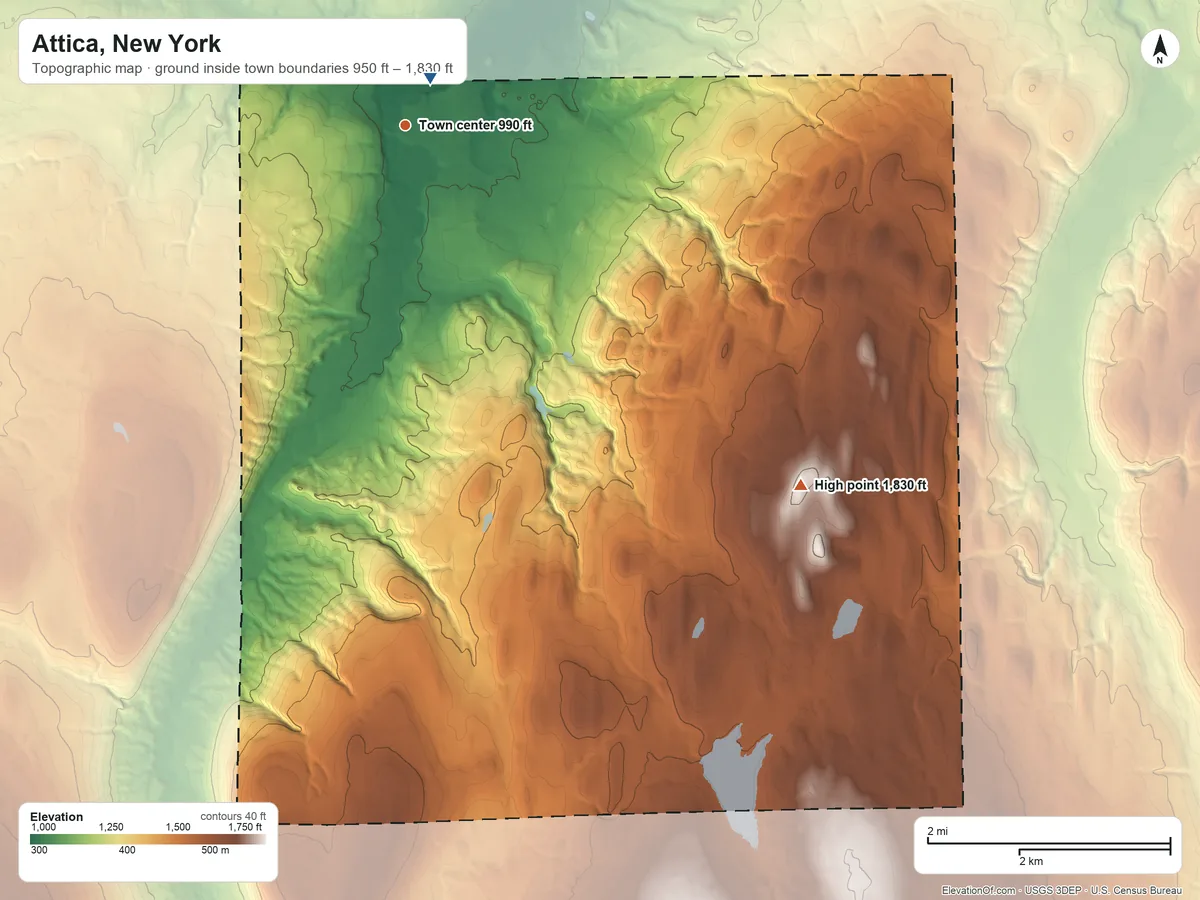 Topographic elevation map of Attica, New York, shaded from 950 ft near the middle to 1,830 ft on the southeast side