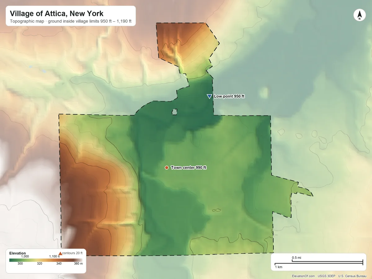 Topographic elevation map of Village of Attica, New York, shaded from 950 ft on the northeast side to 1,190 ft on the southwest side