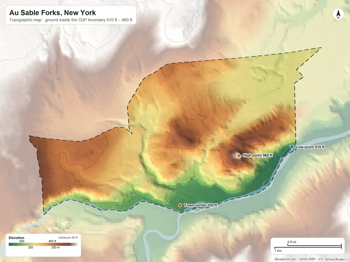Topographic elevation map of Au Sable Forks, New York, shaded from 510 ft on the northeast side to 960 ft on Bailey Mountain