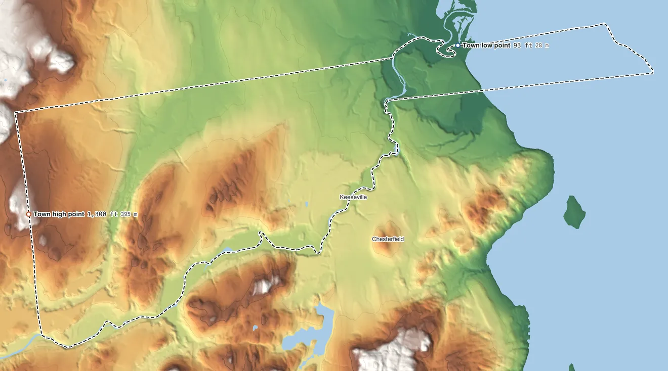 Topographic elevation map of Au Sable, New York, shaded from 93 ft on the northeast side to 1,300 ft on the west edge, below higher ground just outside