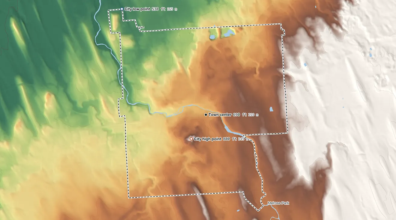 Topographic elevation map of Auburn, New York, shaded from 530 ft on the northwest side to 800 ft on the southwest side