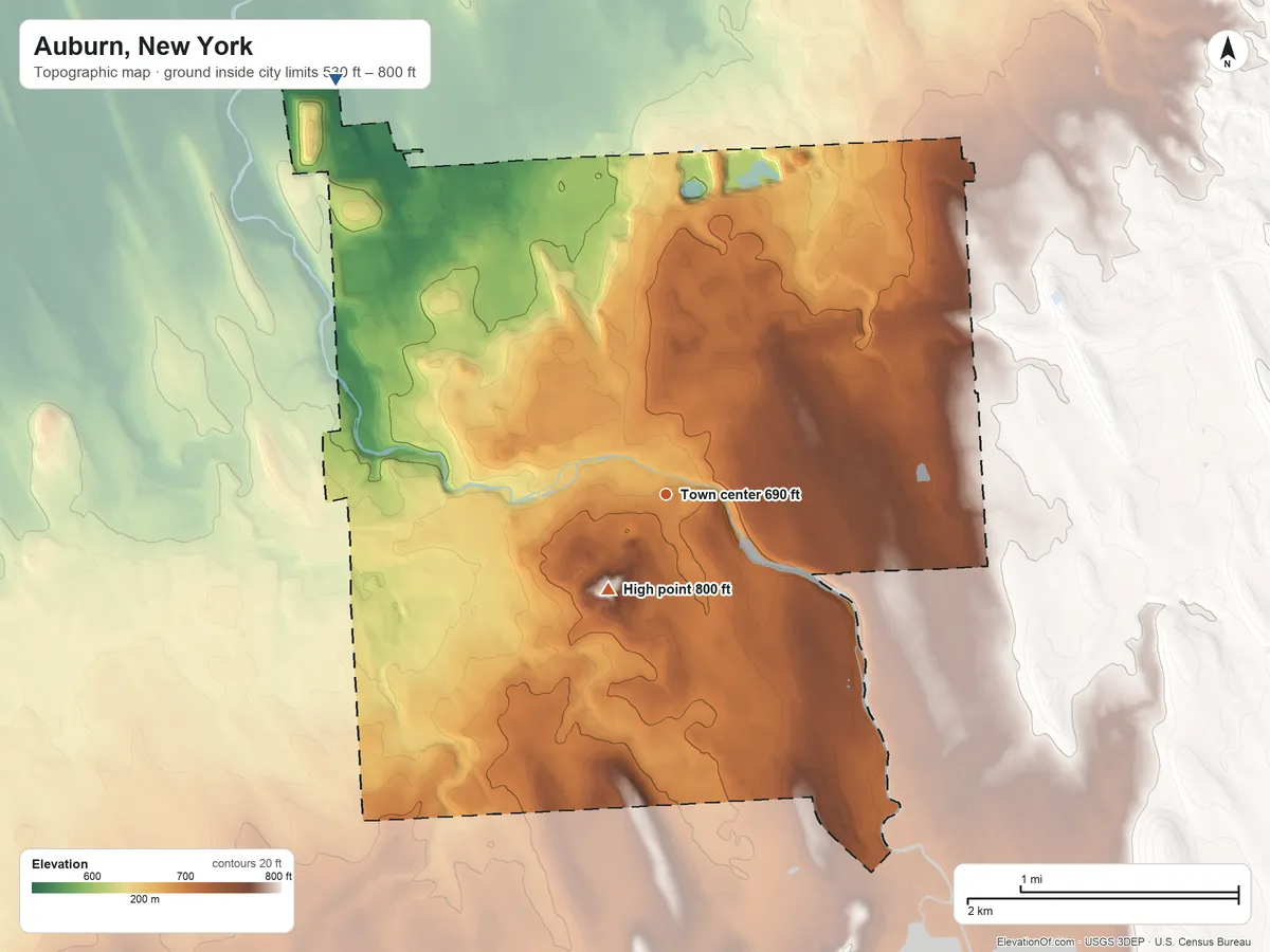 Topographic elevation map of Auburn, New York, shaded from 530 ft on the northwest side to 800 ft on the southwest side