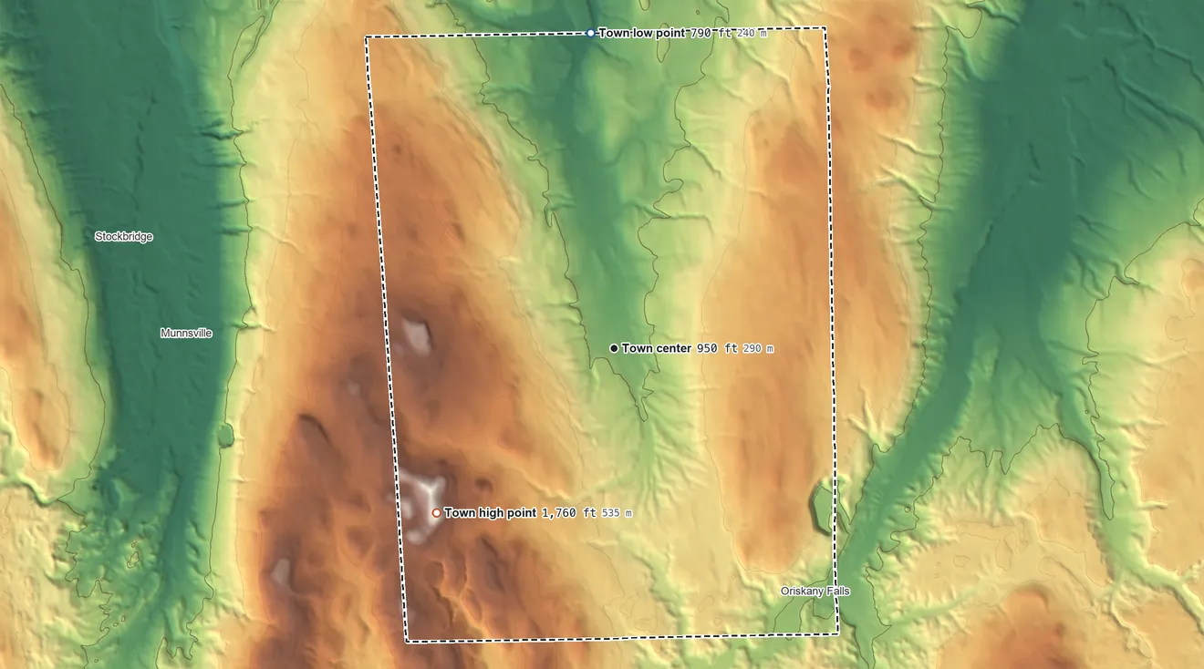 Topographic elevation map of Augusta, New York, shaded from 790 ft on the north side to 1,760 ft on Prospect Hill