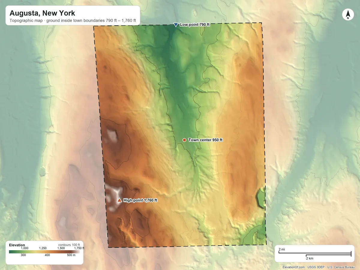 Topographic elevation map of Augusta, New York, shaded from 790 ft on the north side to 1,760 ft on Prospect Hill