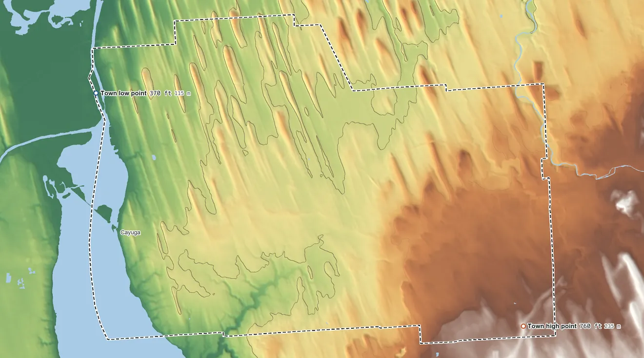 Topographic elevation map of Aurelius, New York, shaded from 370 ft on the west side to 760 ft on the southeast side