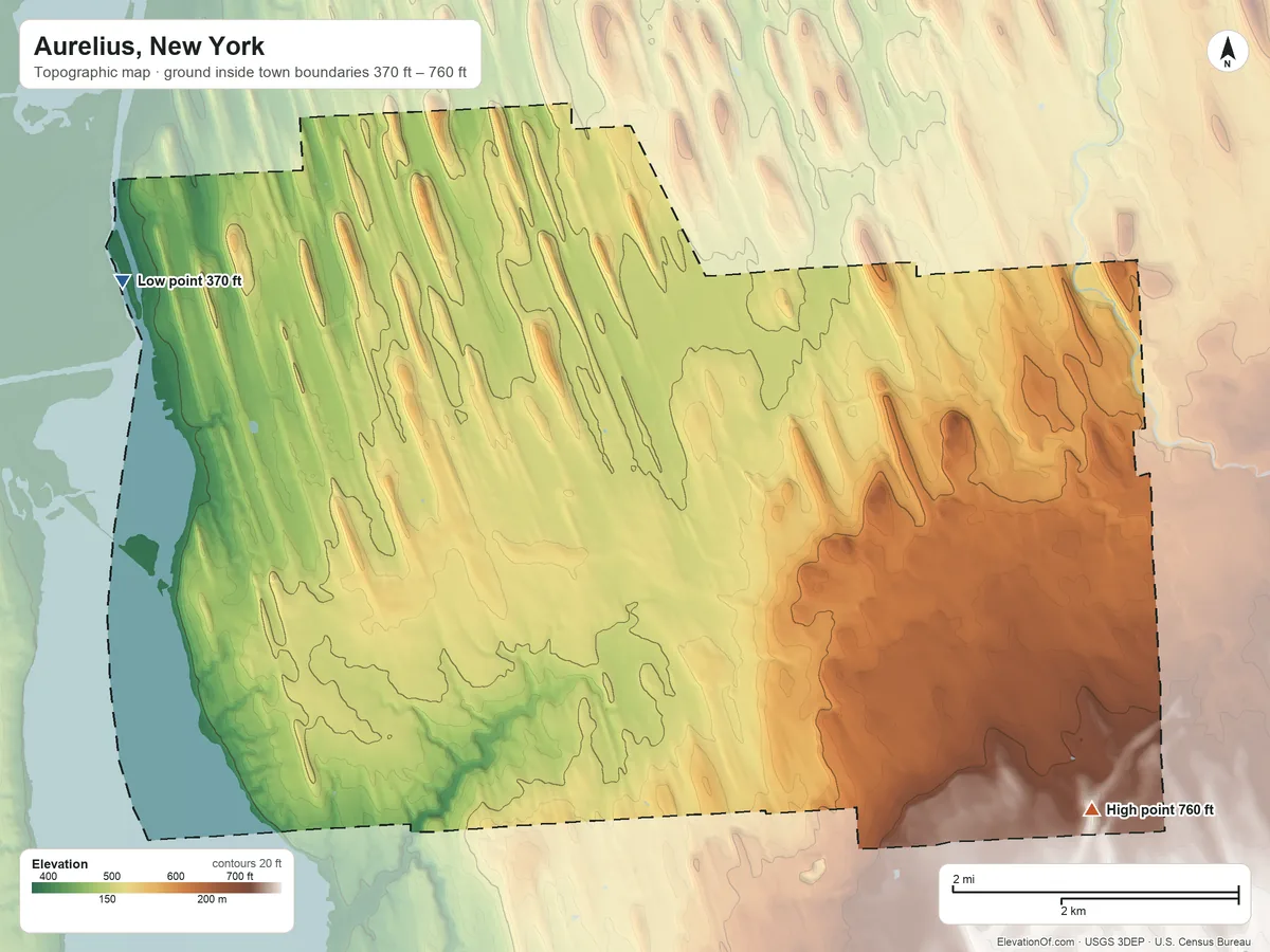 Topographic elevation map of Aurelius, New York, shaded from 370 ft on the west side to 760 ft on the southeast side